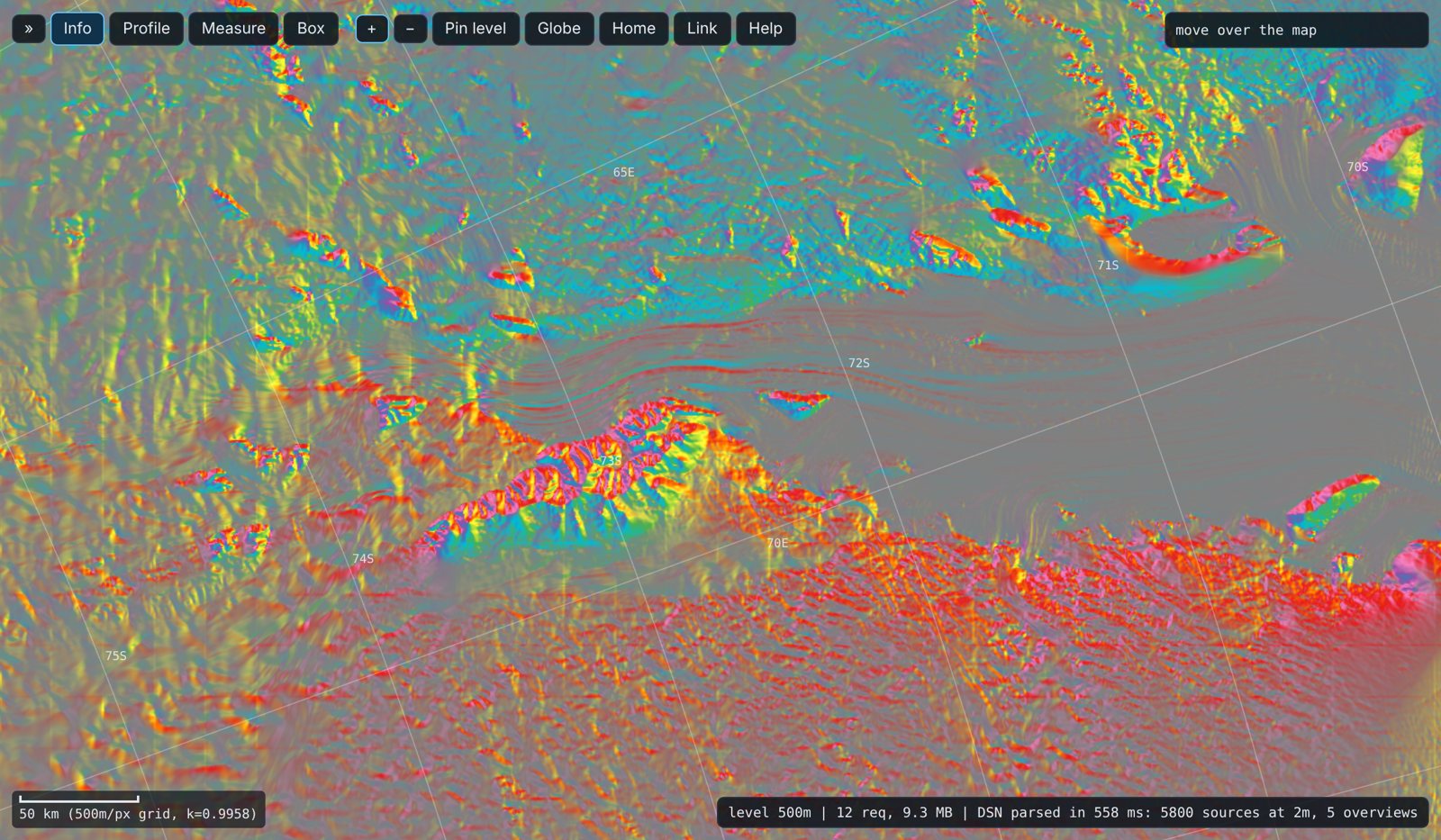 The Lambert Glacier rendered by slope aspect in rainbow colours