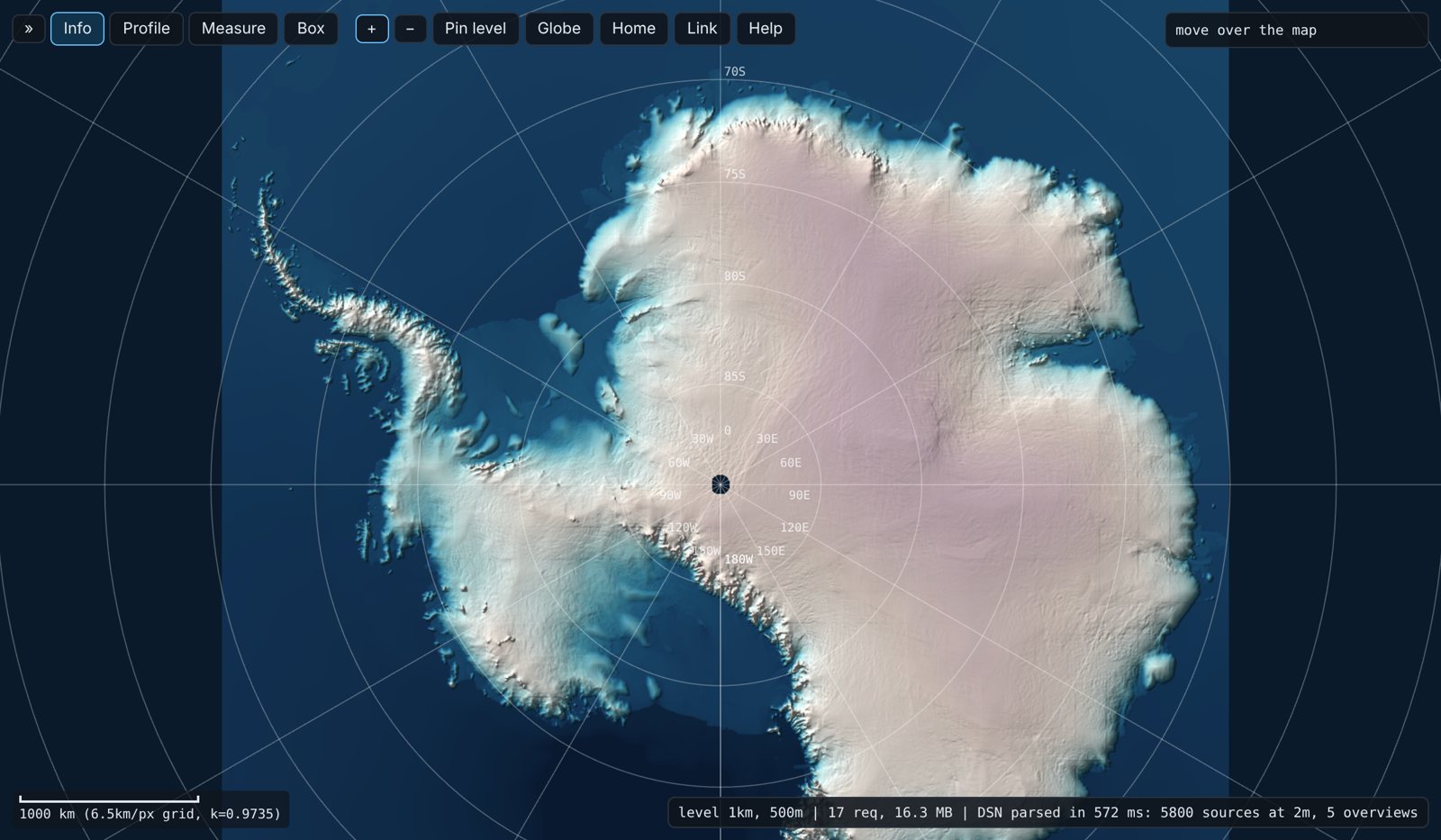 The whole Antarctic ice sheet in polar stereographic, colour and hillshade