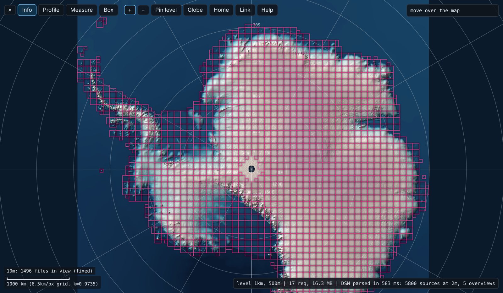 The continent covered by a grid of 10 m tile footprints in pink