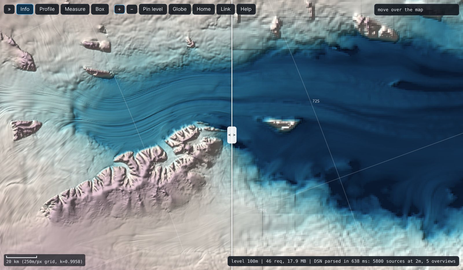 A swipe comparison of a glacier: sharp 100 m detail on the left, blocky 1 km pixels on the right